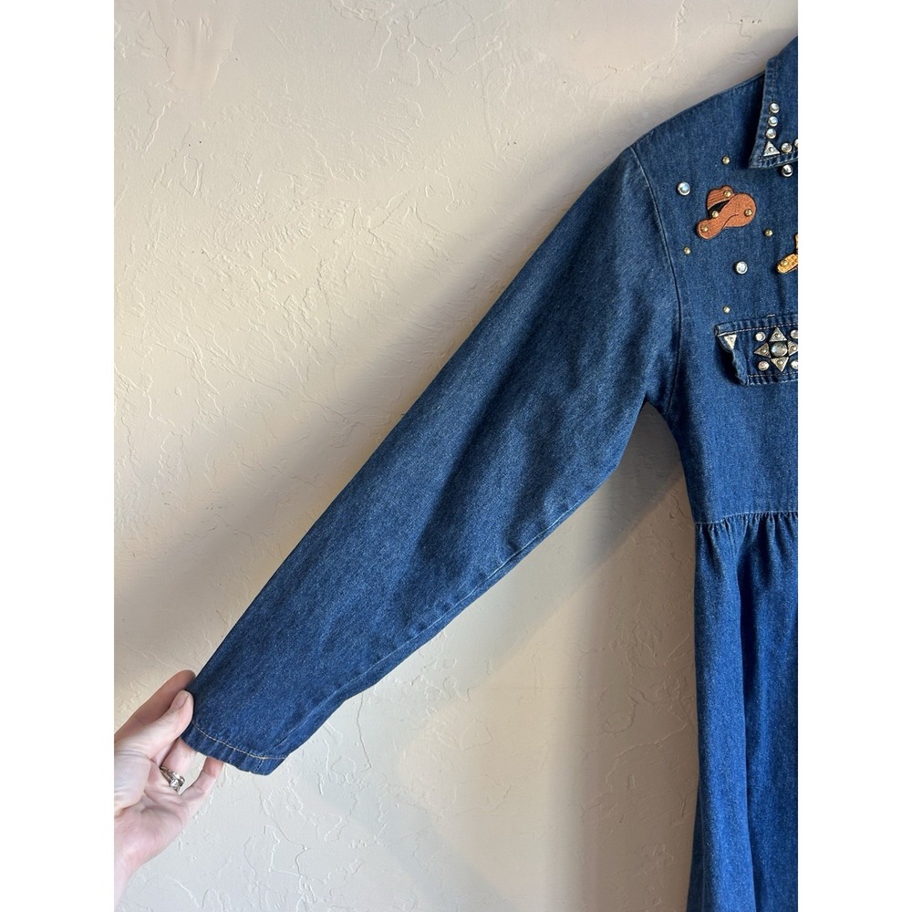 Vintage Miss & Mrs Denim Midi Shirt Dress L Cowgirl Novelty Studded Rhinestone - Picture 9 of 11